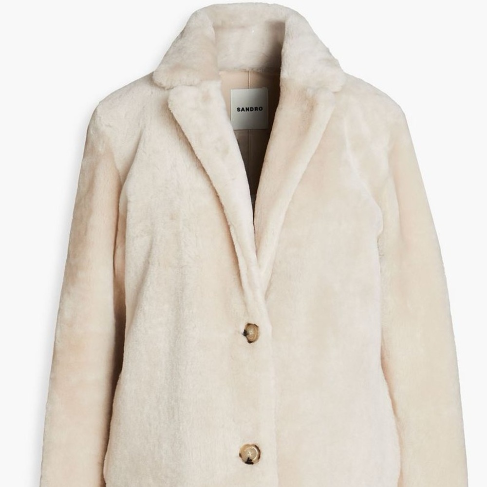 SANDRO SHEARLING Sheepskin Fur Ivory Beige Jacket Coat Small FR 36 4 NWT New
